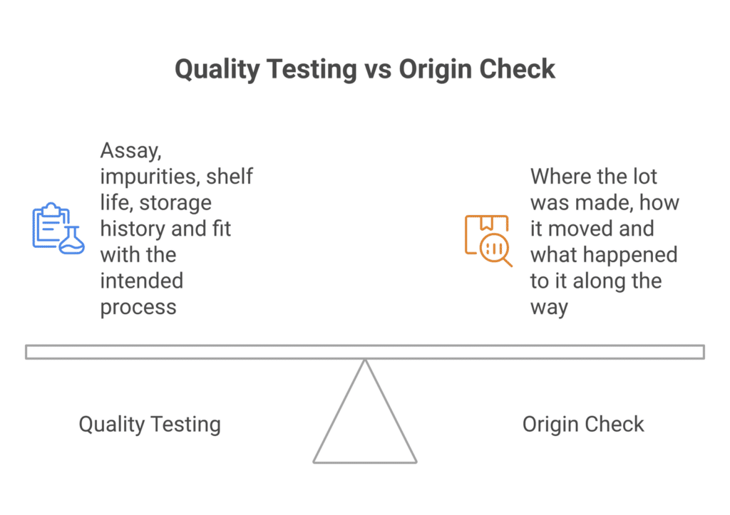 Quality testing vs origin check: assay, impurities, shelf life, storage history and process fit on one side; where the lot was made, how it moved and what happened to it on the other